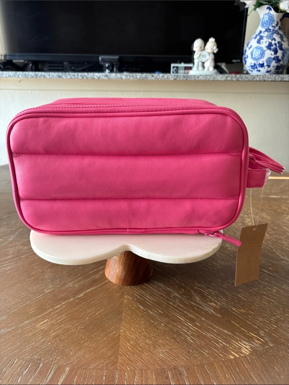 Steve Madden Pink Horizontal Quilt Triple Zipper Travel makeup bag